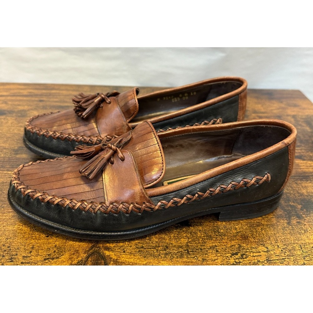 Cole Haan Two Tone Leather Tassel Kiltie Loafers Brown Black Woven Size 8 Shoes - Picture 6 of 13
